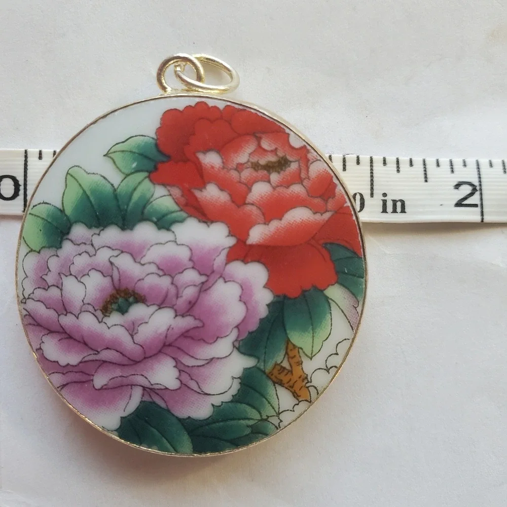 Vintage Transferware Porcelain Floral Pendant Round Peony Pink & Red Peonies